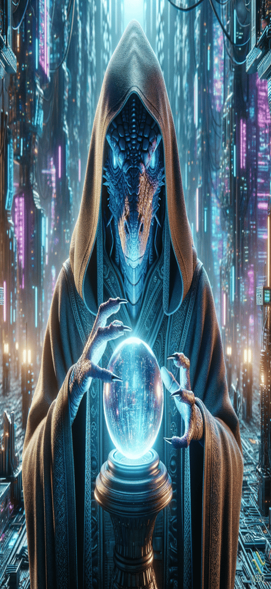 Hooded Dragon Mage with Crystal Ball