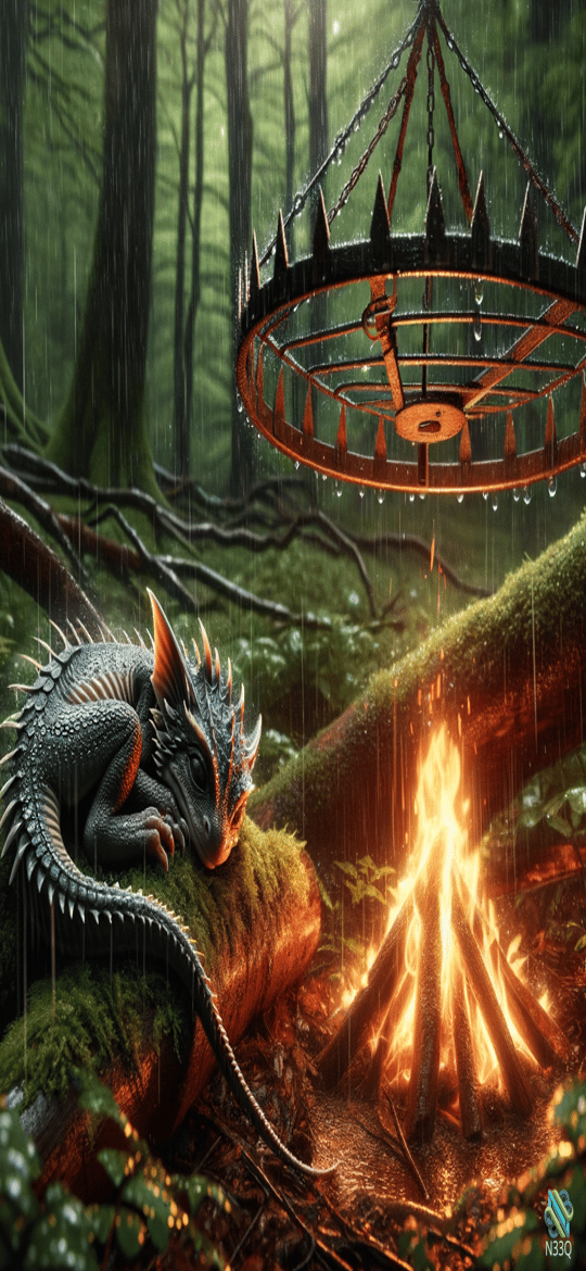 Dragon Resting by Campfire in Rainy Forest