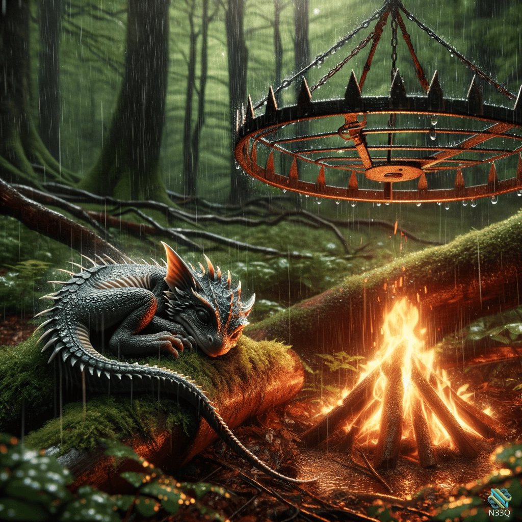 Dragon Resting by Campfire in Rainy Forest