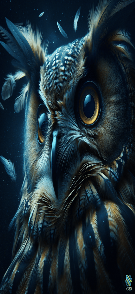 Owl Close-Up with Floating Feathers