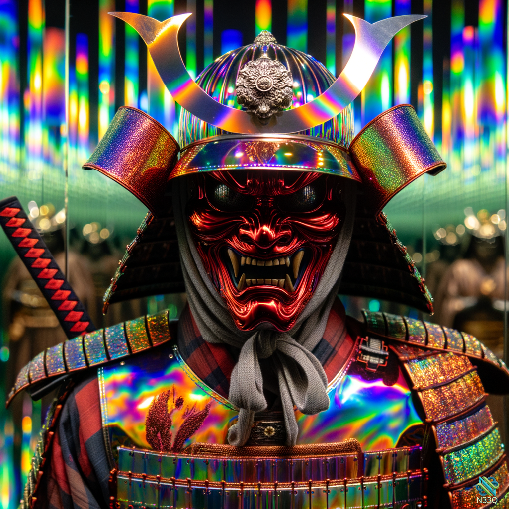 Iridescent Samurai with Red Demon Mask