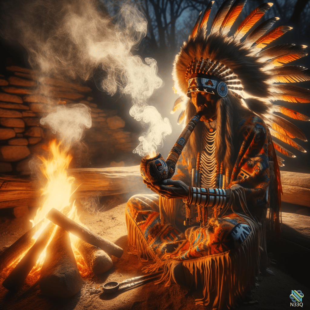Native American Chief Smoking Pipe by Campfire