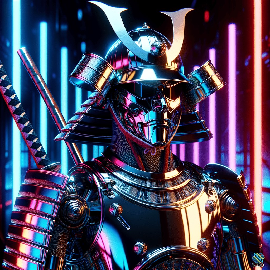 Neon Cyberpunk Samurai in Metallic Armor