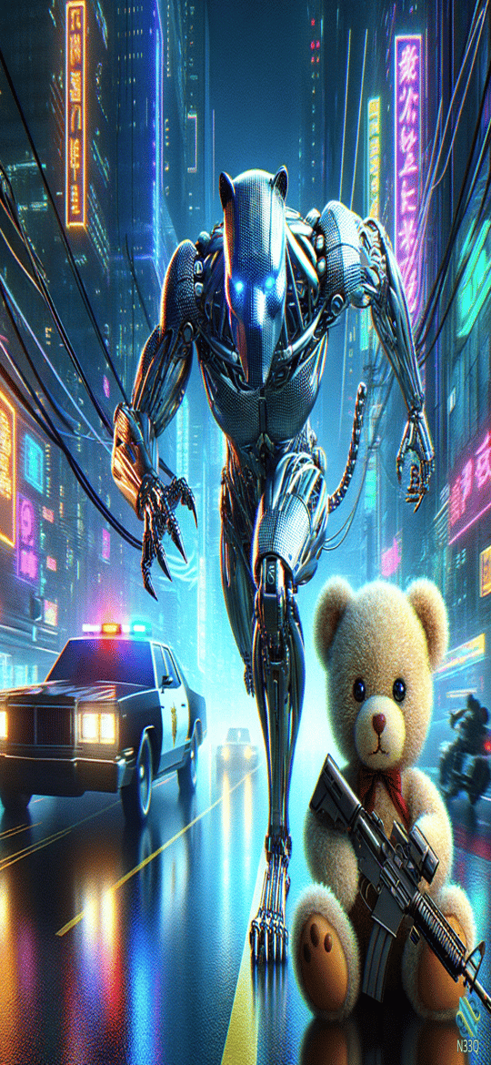 Cybernetic Panther Robot and Armed Teddy Bear
