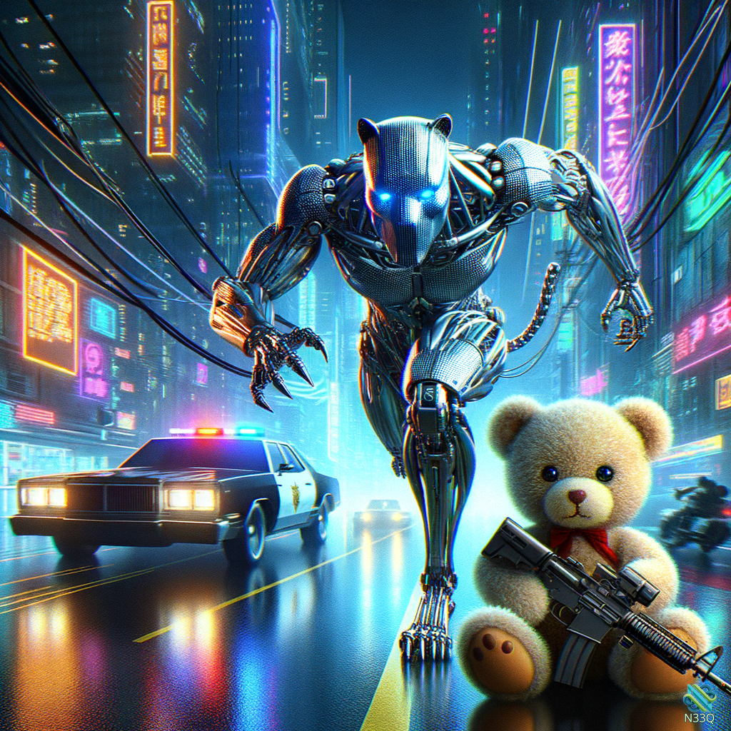 Cybernetic Panther Robot and Armed Teddy Bear