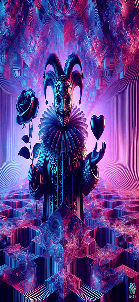 Masked Jester Holding Blue Rose and Heart