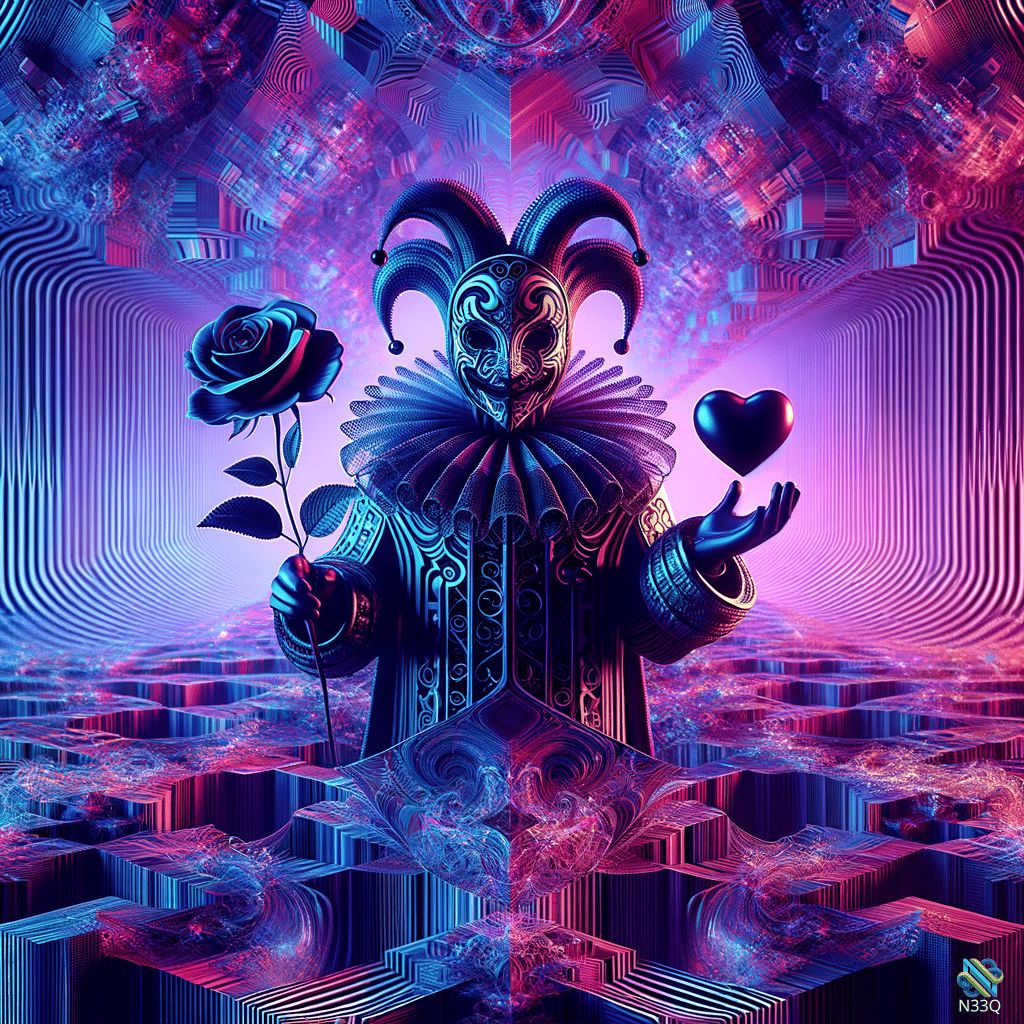 Masked Jester Holding Blue Rose and Heart