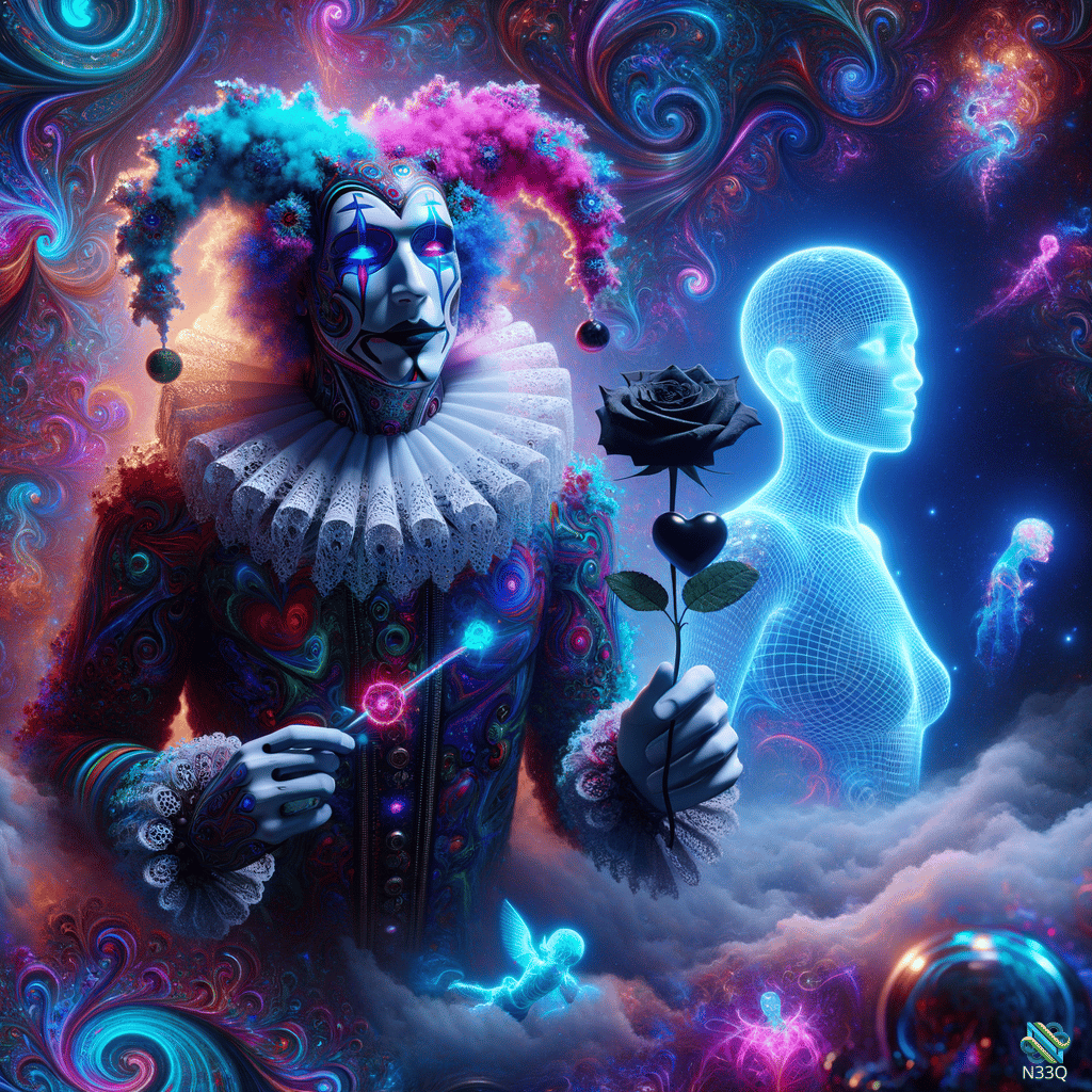 Jester Holding Black Rose with Holographic Figure
