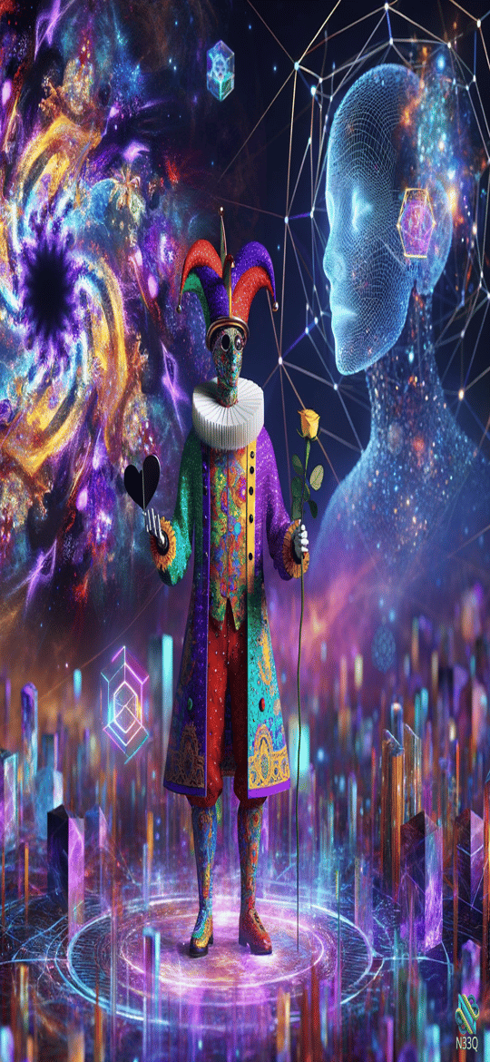 Cosmic Jester Holding Heart and Rose