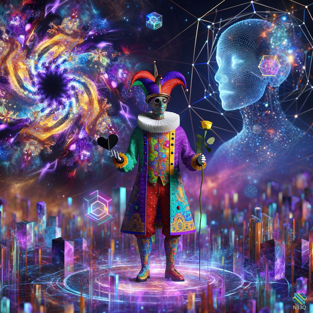 Cosmic Jester Holding Heart and Rose