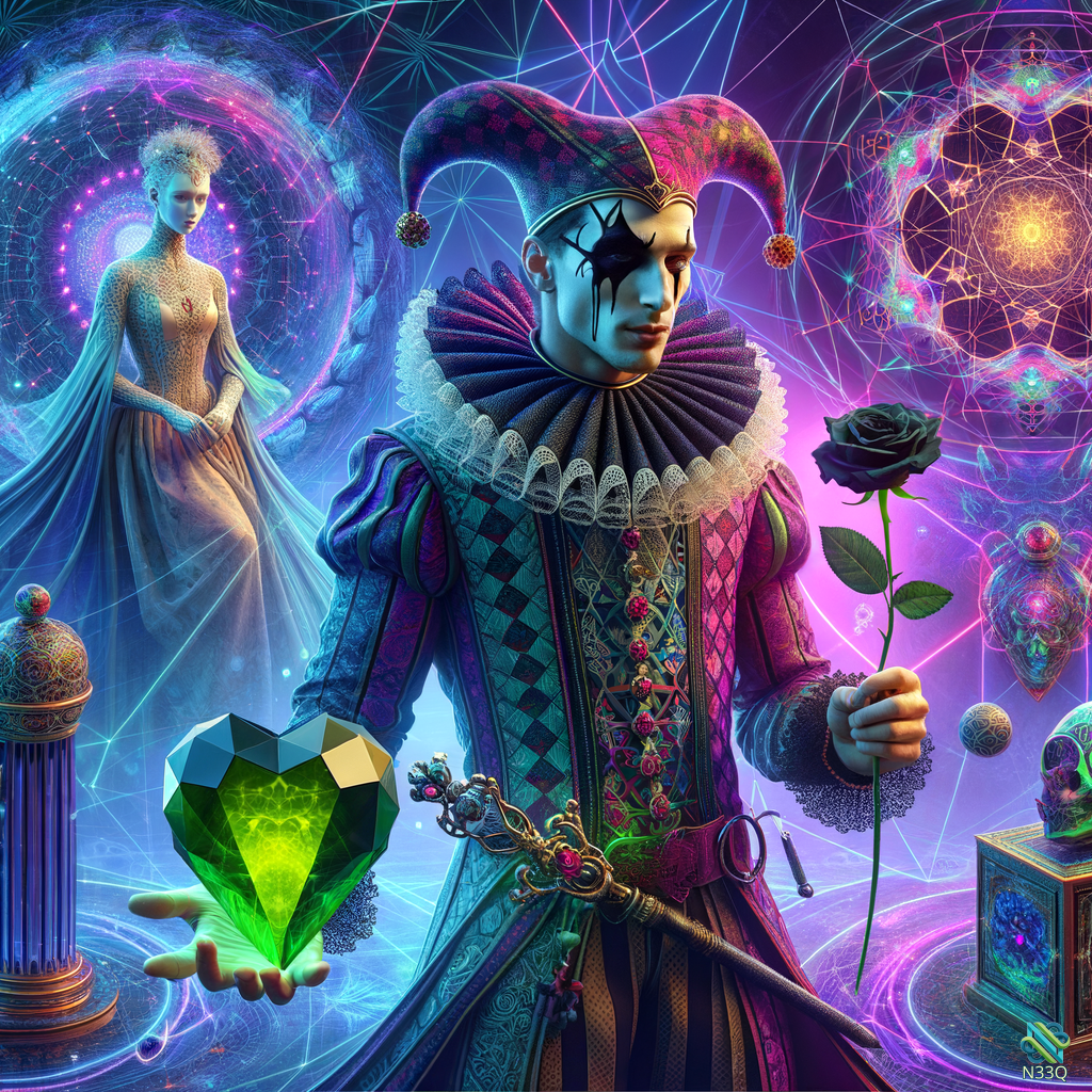 Harlequin Jester with Emerald Heart and Rose