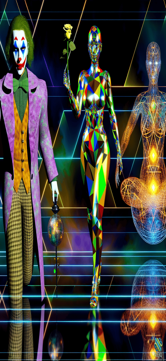 Joker with Faceted Woman and Holographic Figures