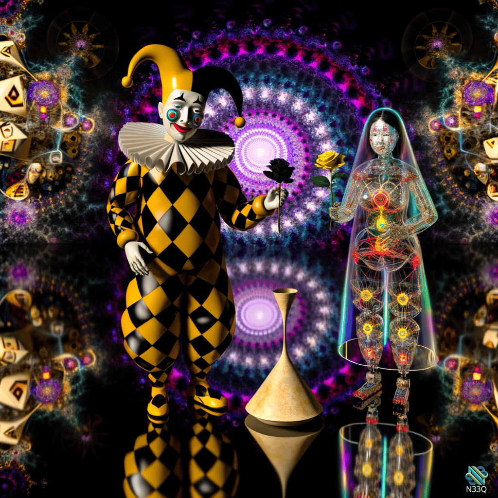 Jester Offering Black Rose to Cyborg Bride