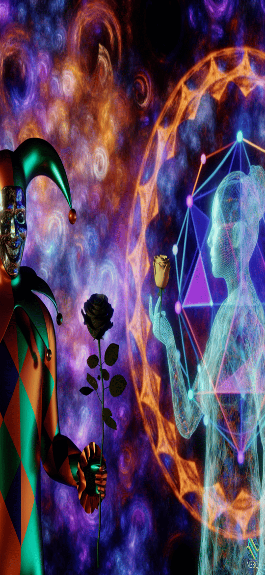 Jester and Holographic Woman Exchanging Roses