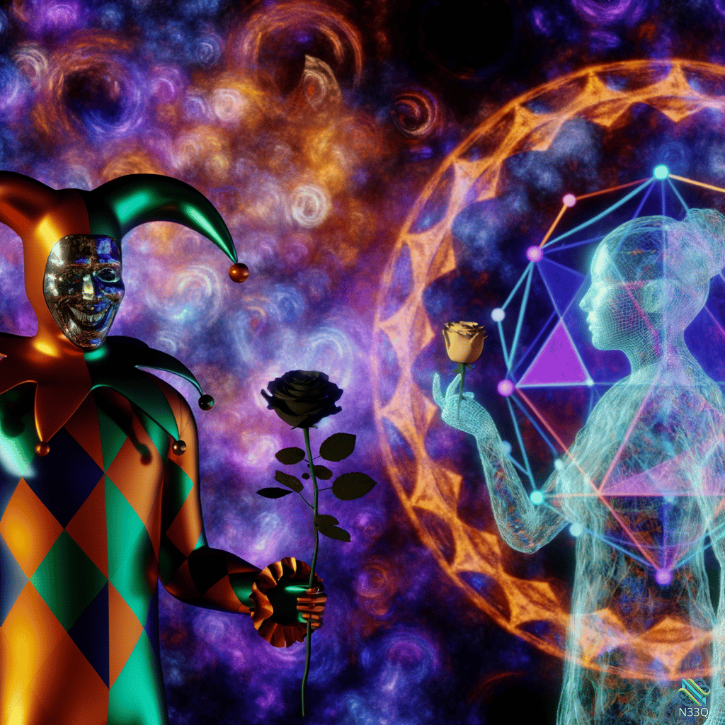 Jester and Holographic Woman Exchanging Roses