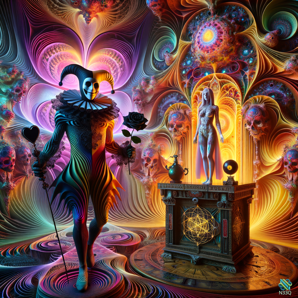 Jester Offering Rose to Glowing Nude Figure
