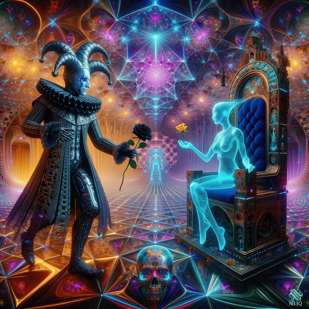 Jester Offering Rose to Holographic Queen