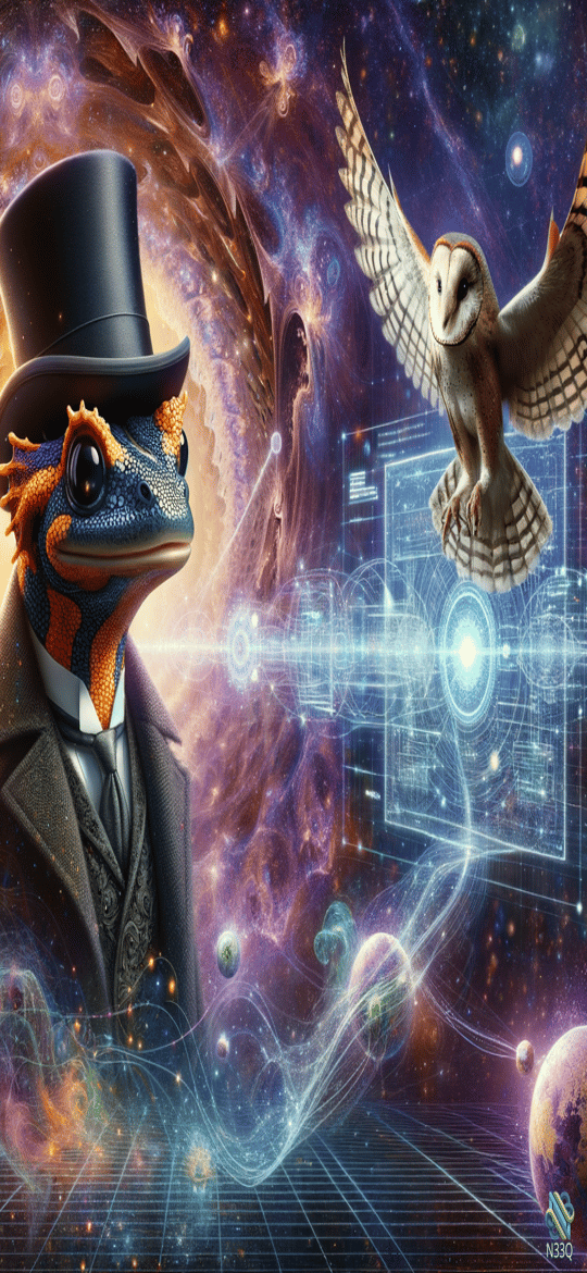 Top-Hatted Frog in Cosmic Nebula with Owl