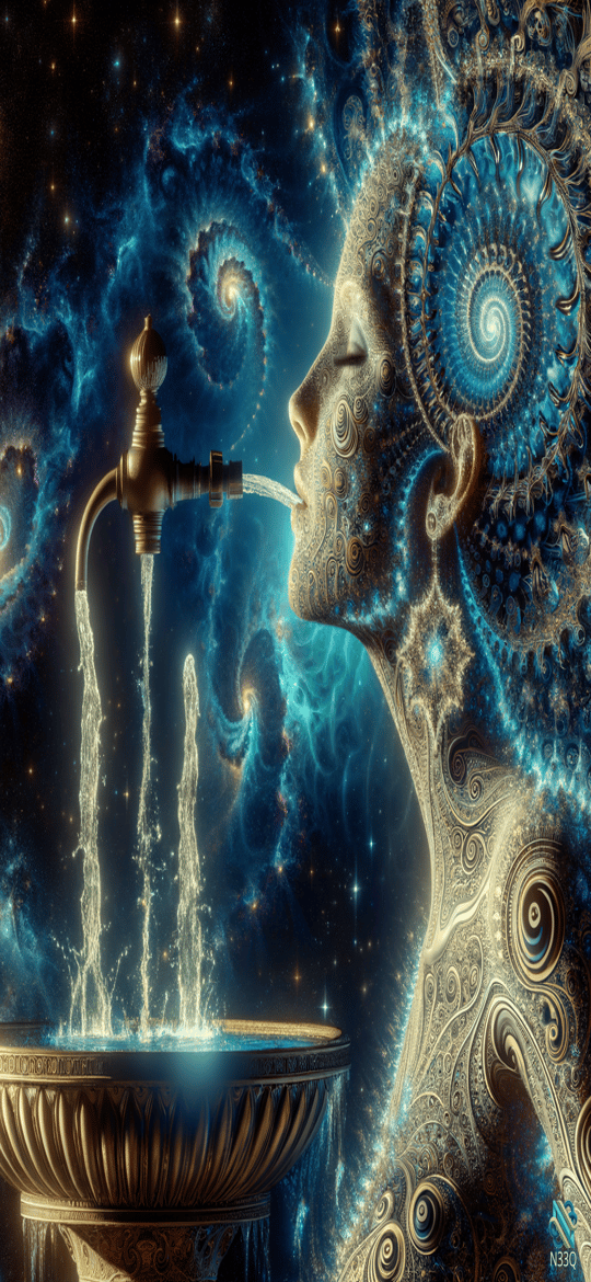 Cosmic Woman Drinking from Galaxy Fountain