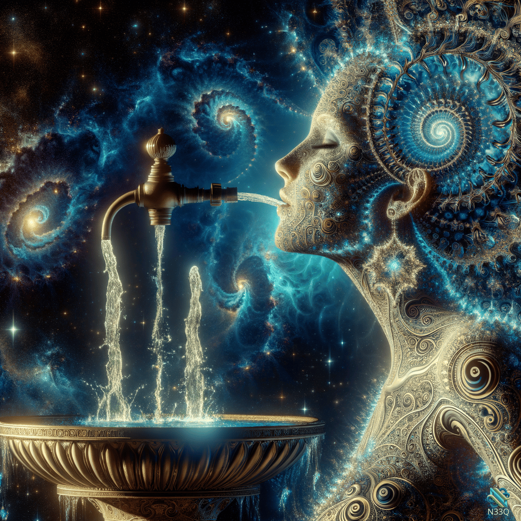 Cosmic Woman Drinking from Galaxy Fountain
