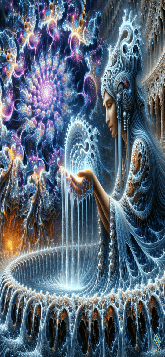 Ethereal Woman at Cosmic Light Fountain