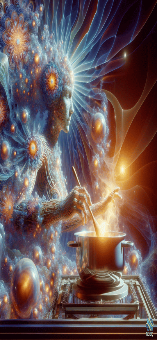 Cosmic Woman Stirring Glowing Pot on Stove