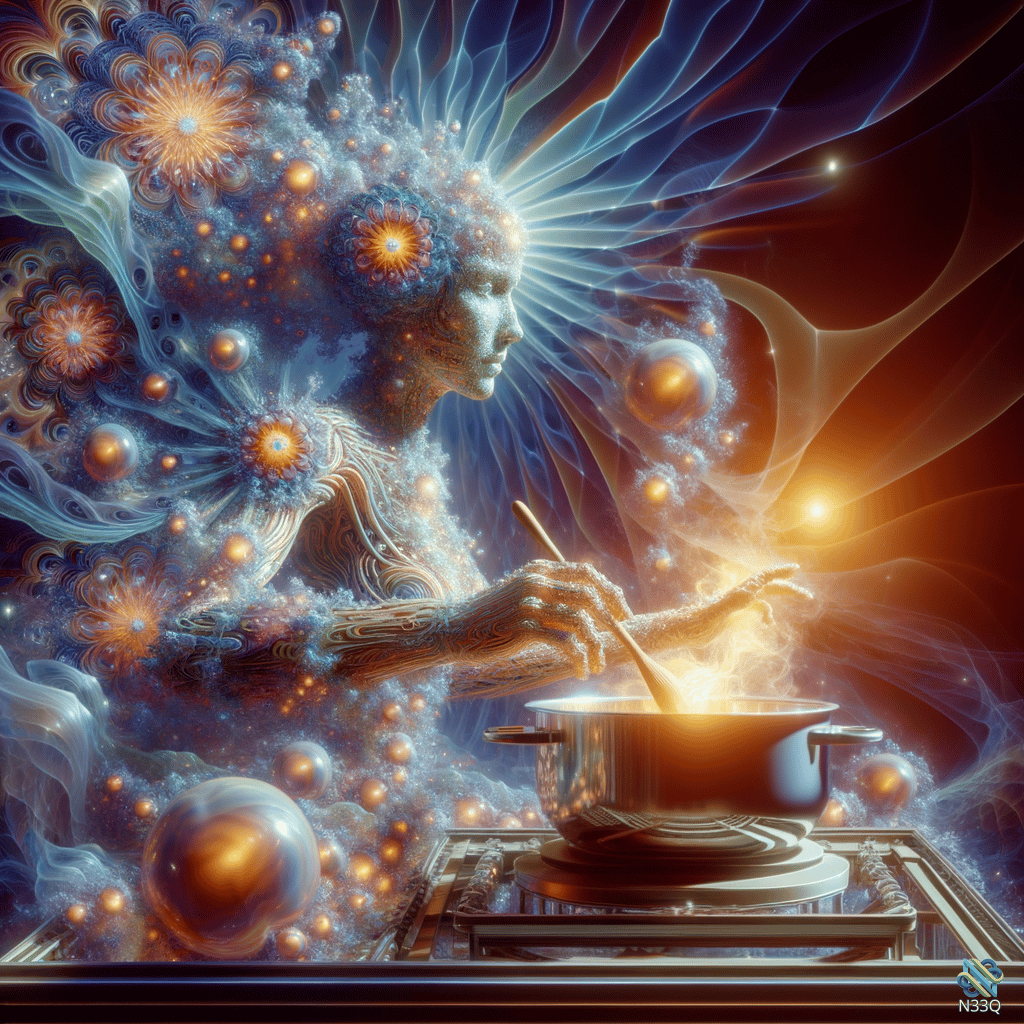 Cosmic Woman Stirring Glowing Pot on Stove