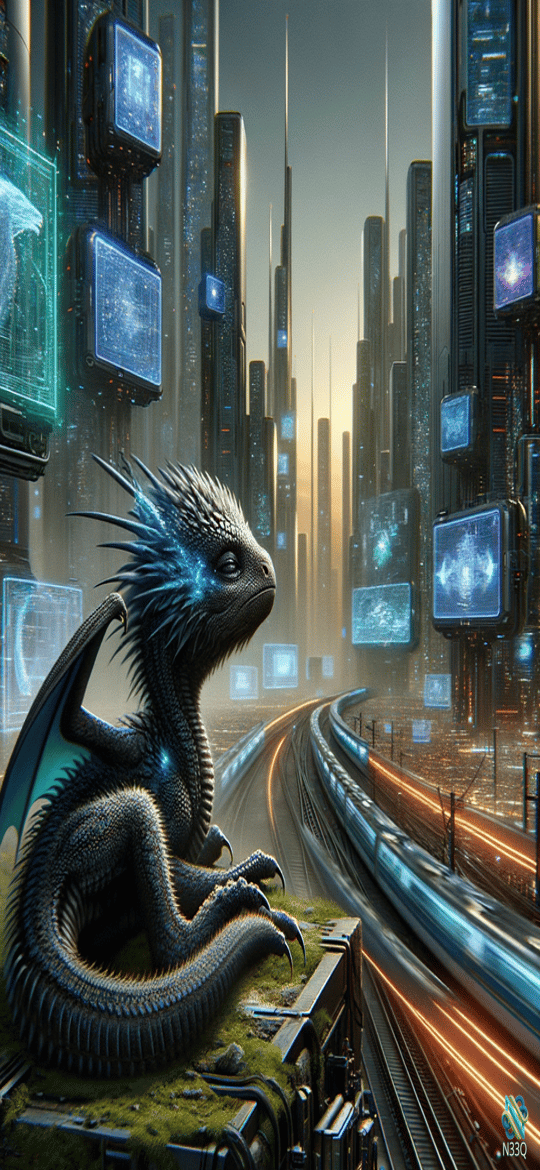 Dragon Overlooking Neon Cyberpunk City