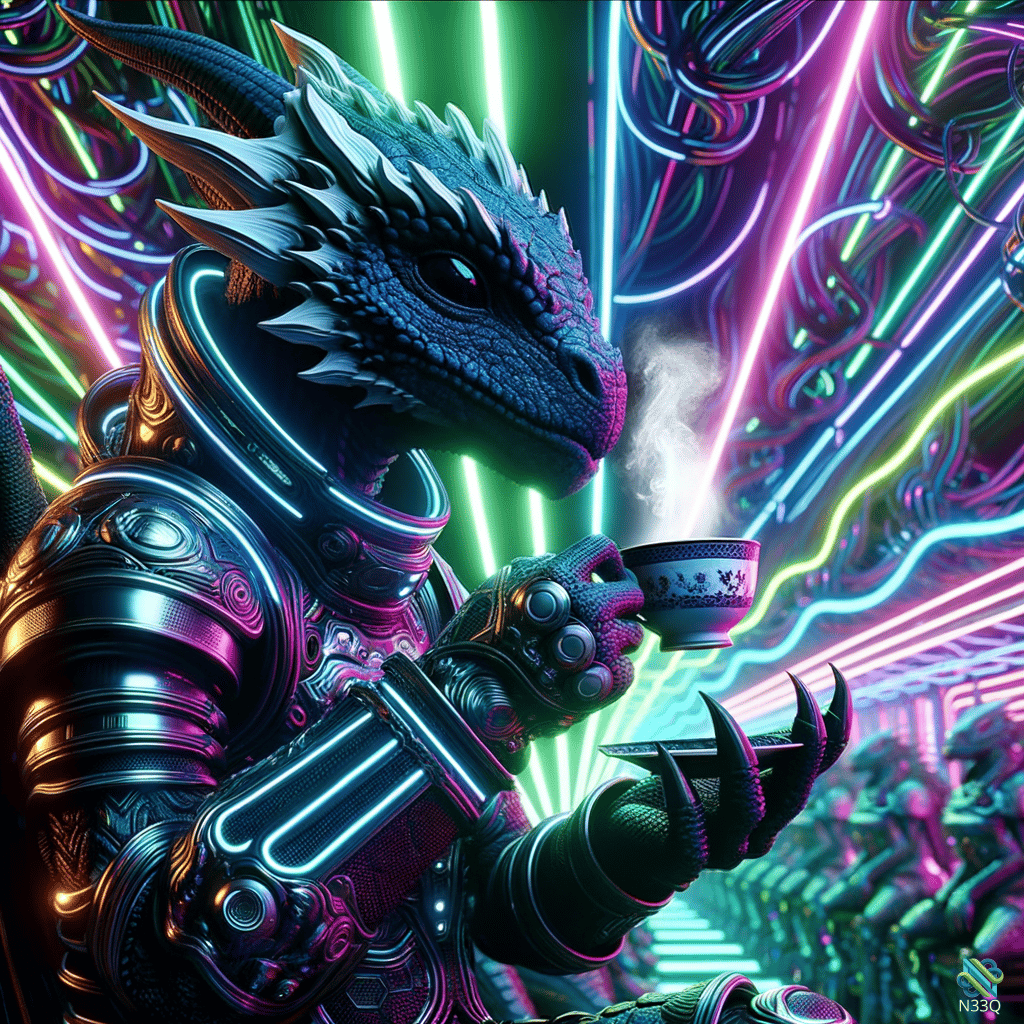 Cybernetic Dragon Sipping Tea in Neon Alley