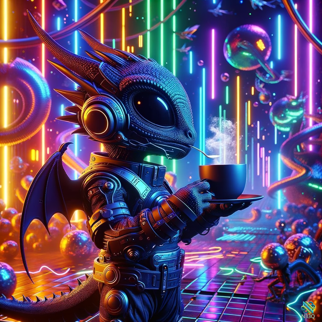 Cybernetic Dragon Sipping Coffee in Neon City