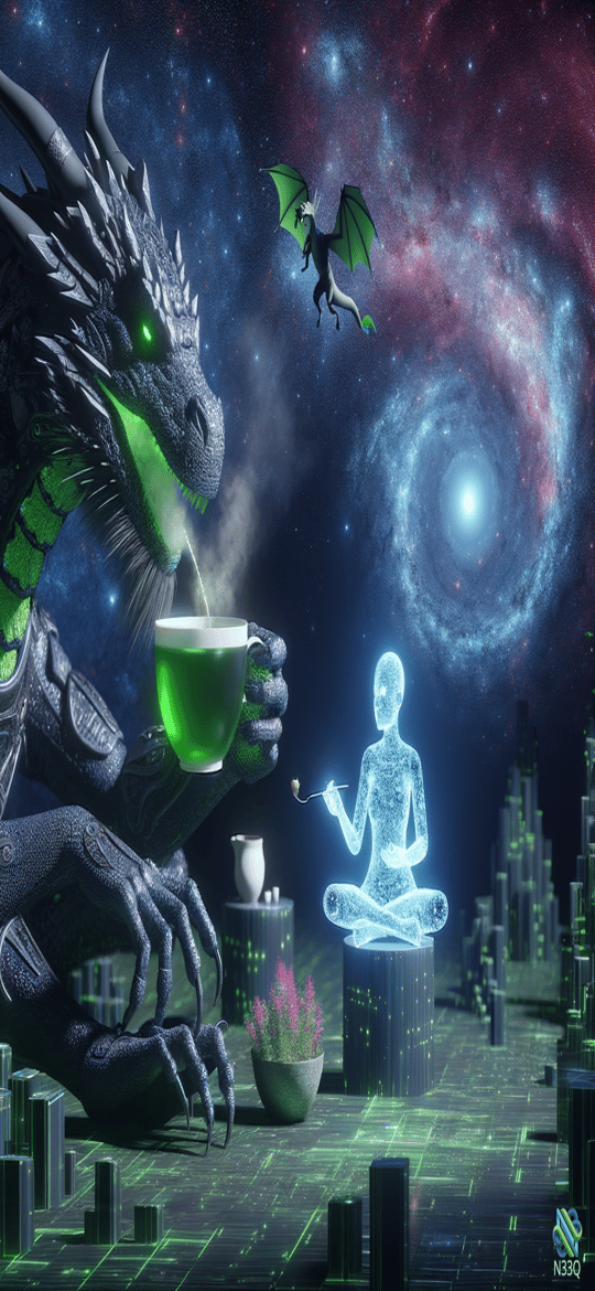 Dragon Sipping Tea Near Glowing Figure in Space