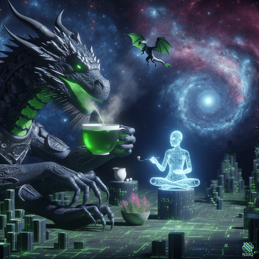 Dragon Sipping Tea Near Glowing Figure in Space