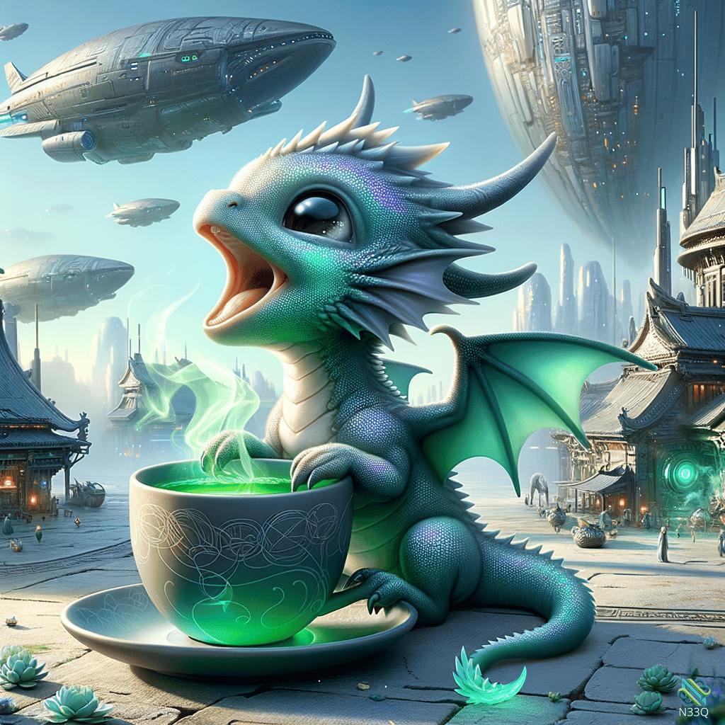 Cute Dragon With Glowing Green Cup In Futuristic City