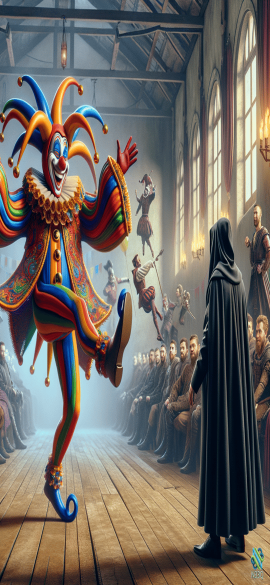 Jester Leaping Before Hooded Figure in Hall