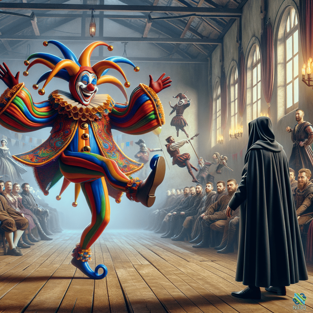 Jester Leaping Before Hooded Figure in Hall