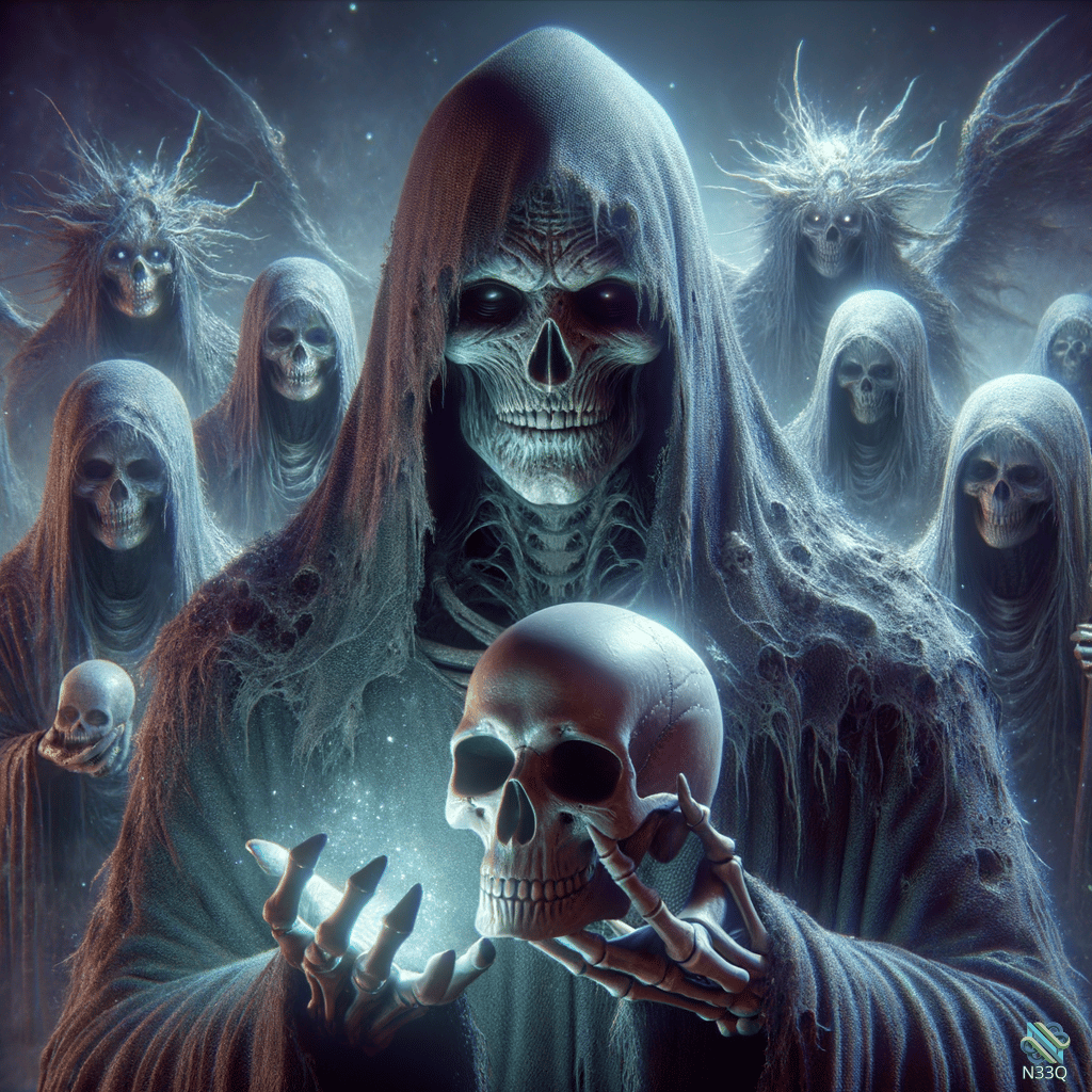 Hooded Skeleton Holding Skull Among Phantoms