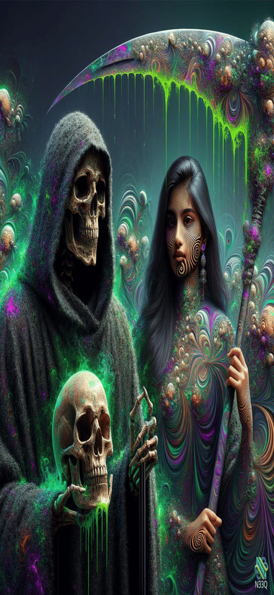 Hooded Skeleton and Woman with Glowing Scythe