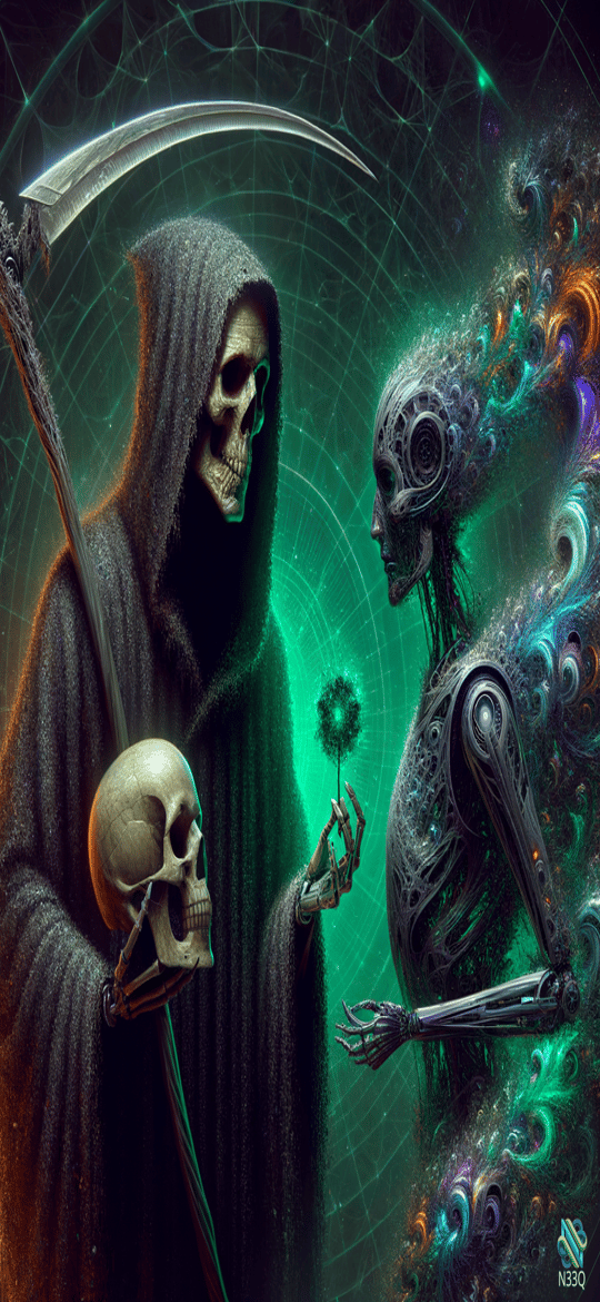 Grim Reaper Meets Glowing Cyborg Skeleton