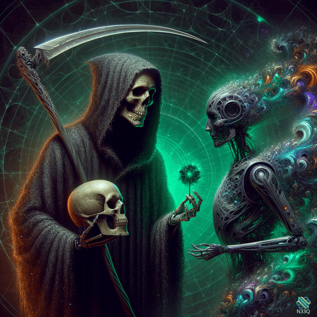Grim Reaper Meets Glowing Cyborg Skeleton