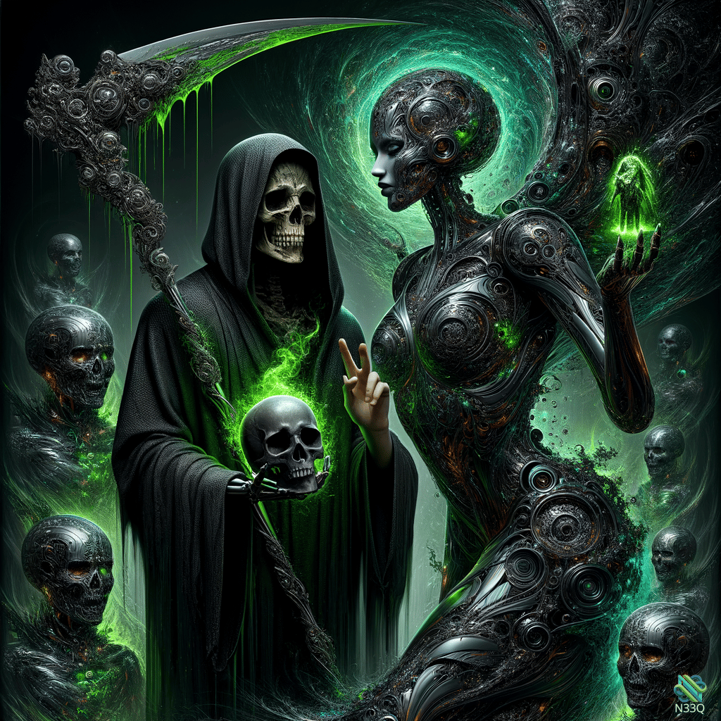 Grim Reaper Confronts Cyborg Woman Amid Skulls