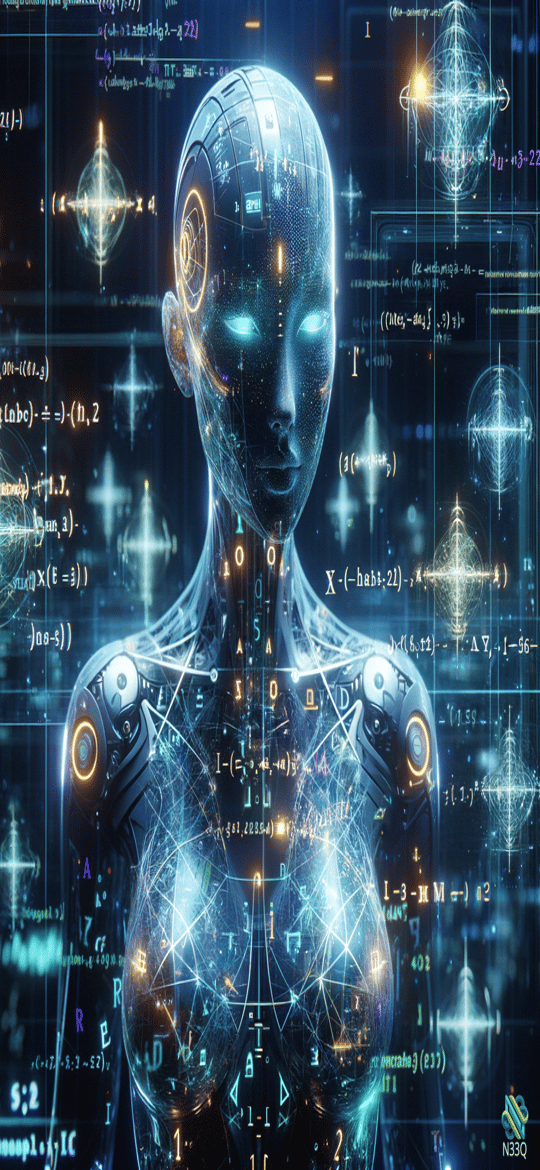 Glowing Cybernetic Female Android Amid Equations