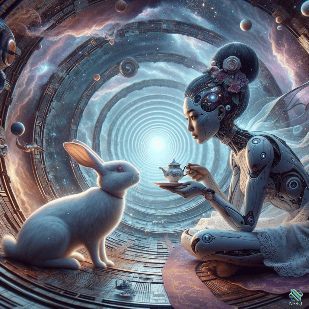 Cyborg Serving Tea to Rabbit in Cosmic Tunnel