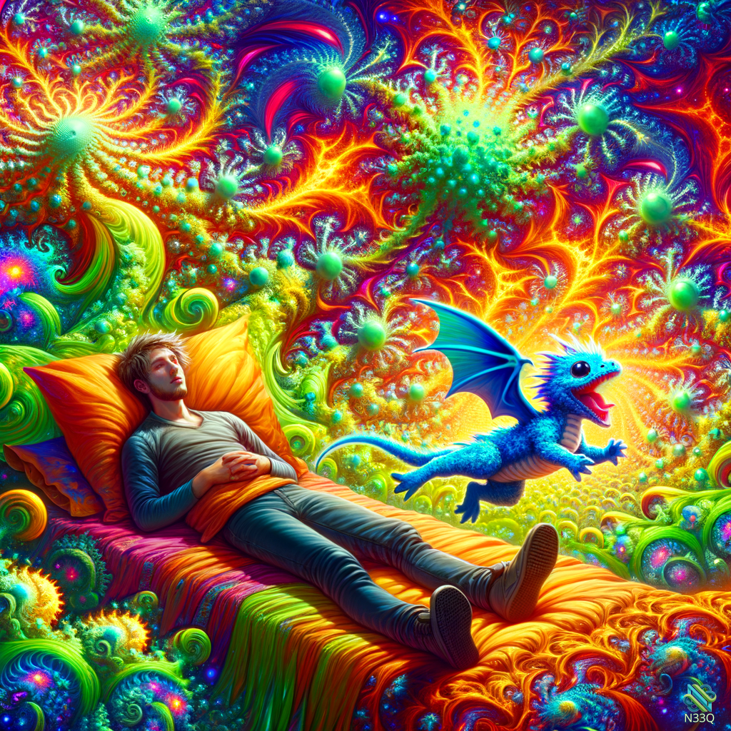 Man Resting with Flying Blue Dragon