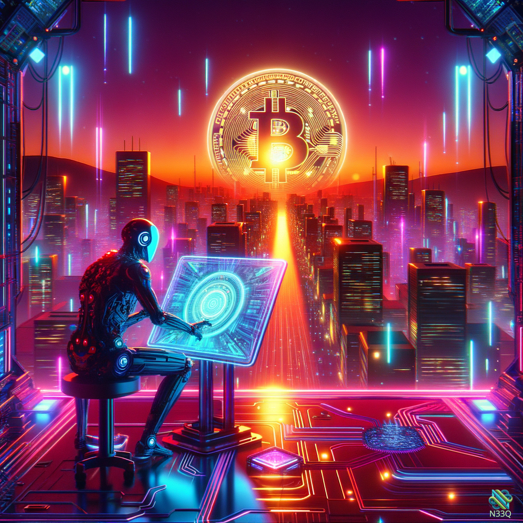 Robot at Holographic Terminal Under Bitcoin Symbol