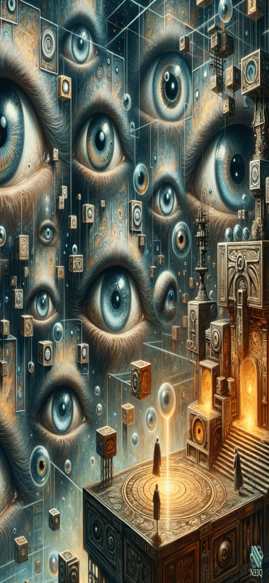 Surreal Blue Eyes Over Floating Temple