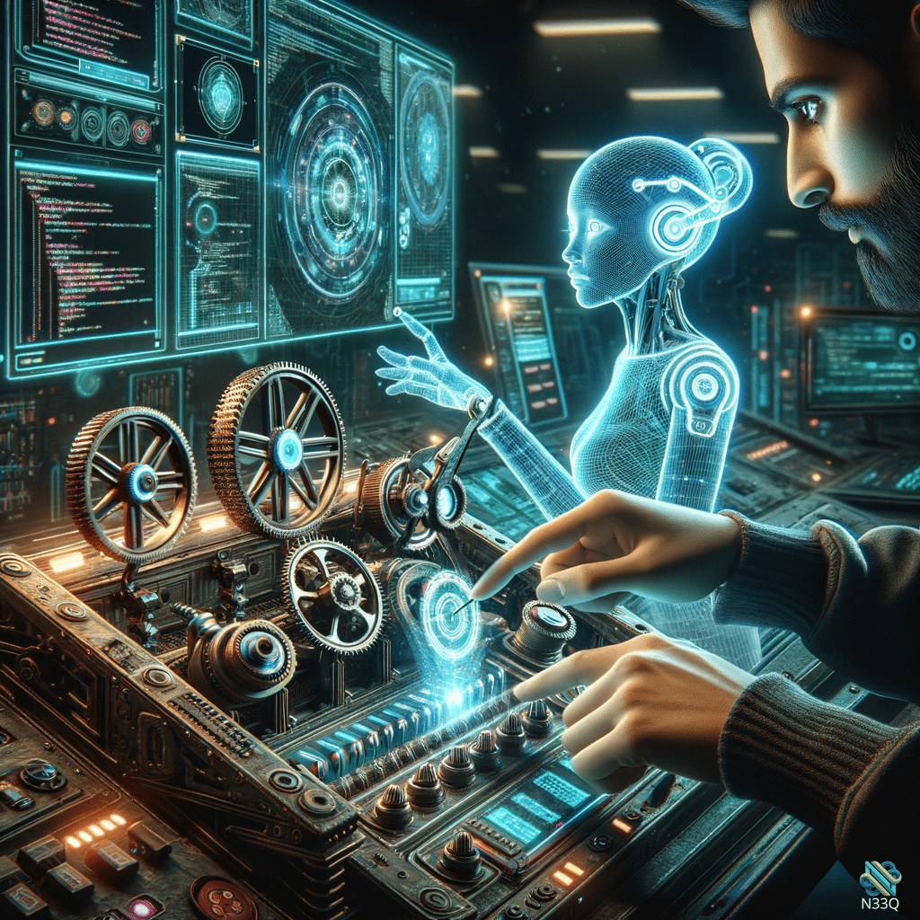 Man with Holographic Robot in Neon Control Room