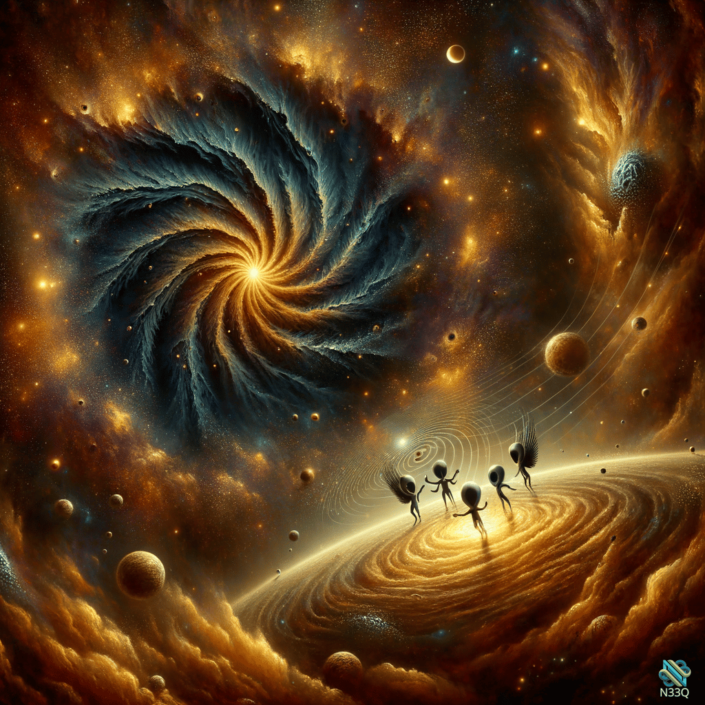 Winged Figures Dancing Over Cosmic Spiral