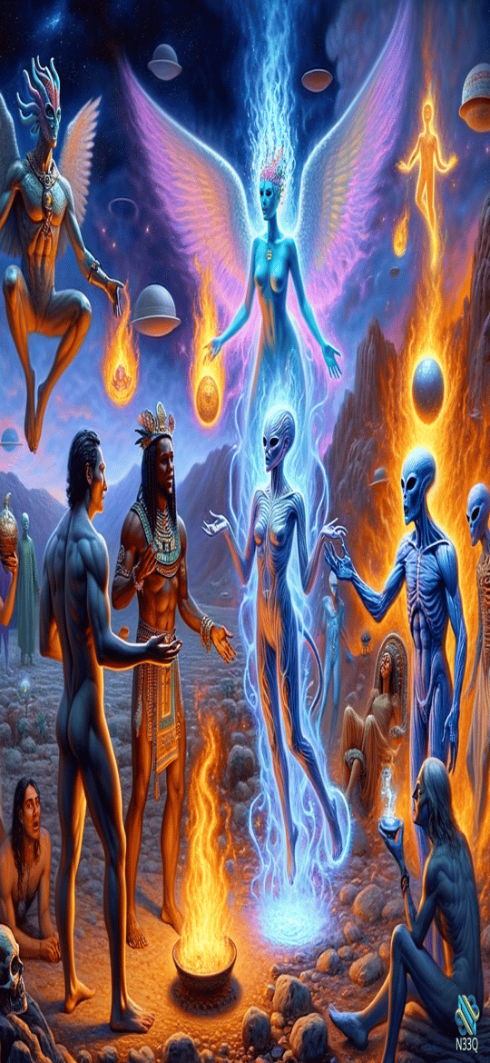 Cosmic Beings Ritual Around Celestial Fire