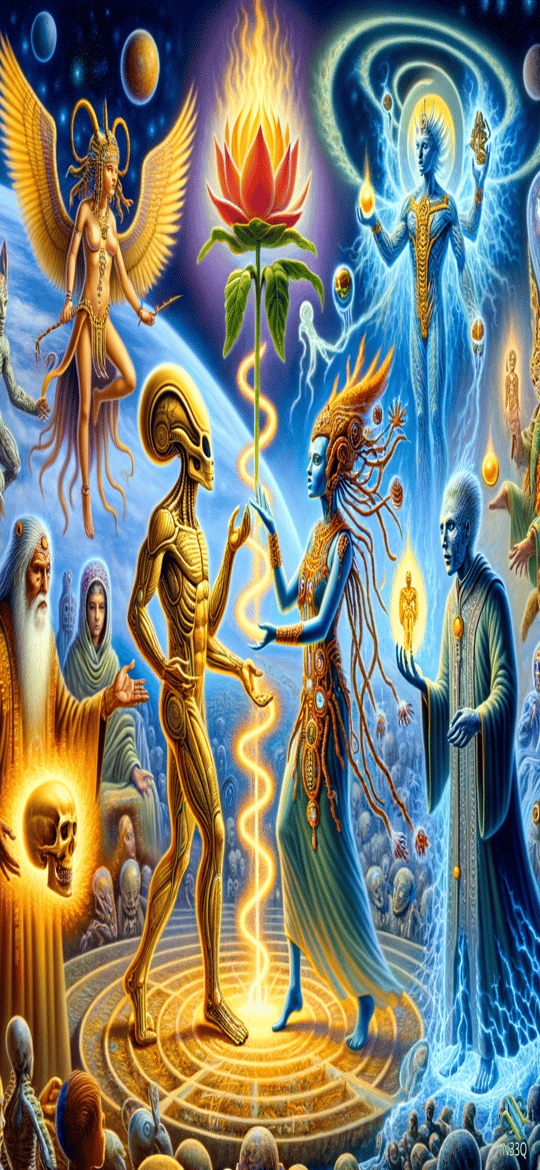Cosmic Beings Surrounding Radiant Lotus Flower