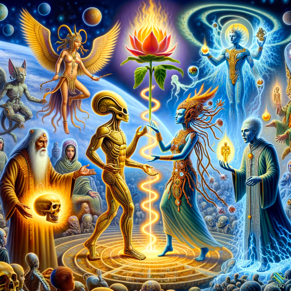 Cosmic Beings Surrounding Radiant Lotus Flower